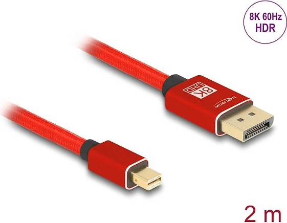 Kabllo Mini DisplayPort në DisplayPort DeLOCK, 2 m, 8K 60Hz, DP 1.4, e kuqe