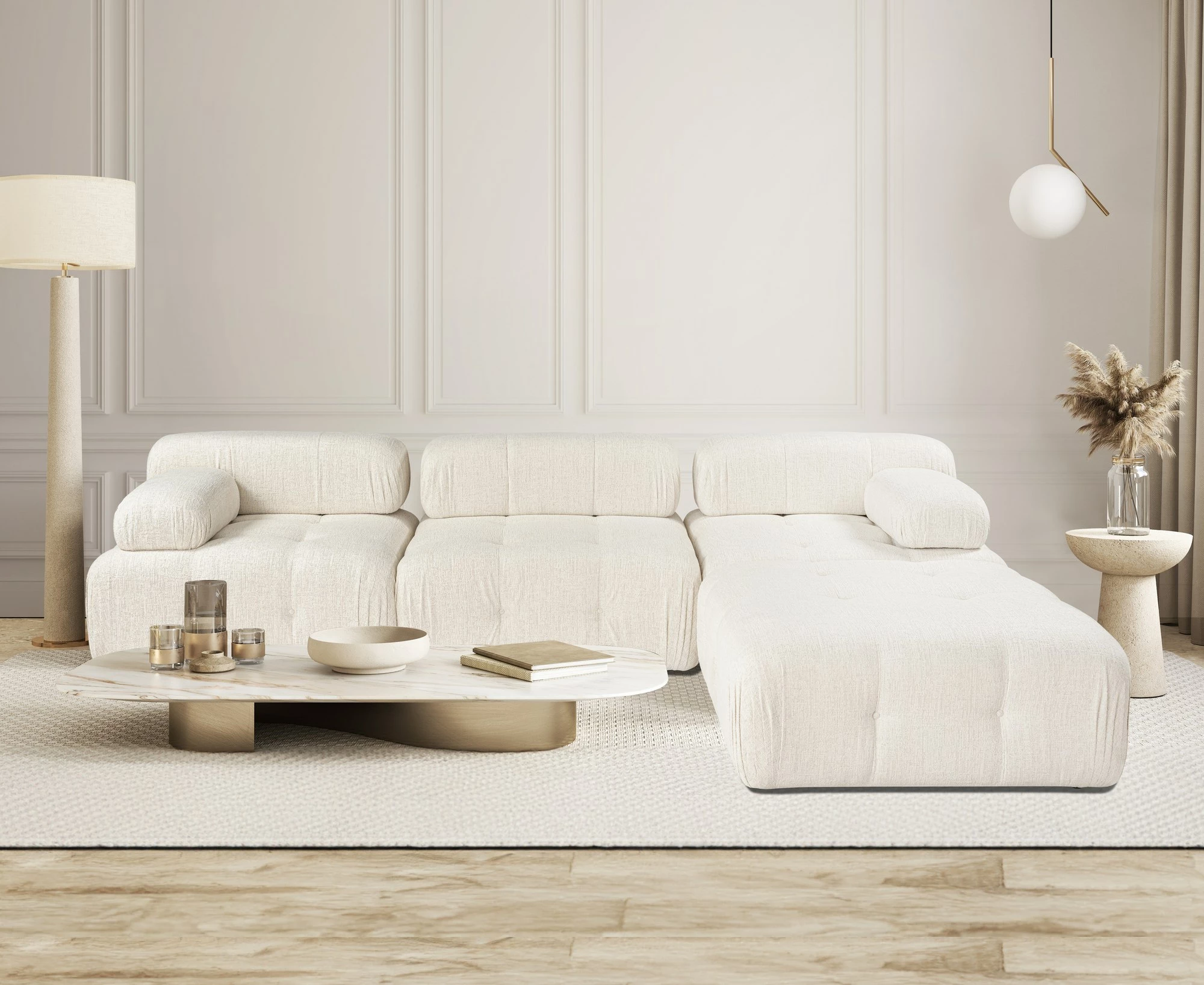 Kënd-sofë Doblo 3 vendëshe me pouffe, krem, Atelier del Sofa