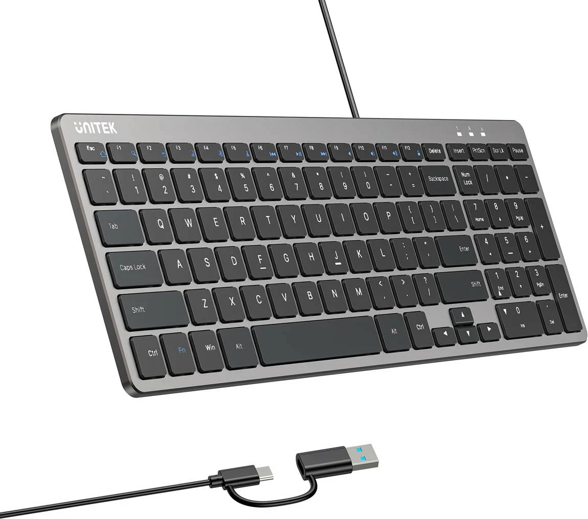 Klaviaturë Unitek SlimTap, me kabllo USB-C/USB-A, 96% (99 taste), gri