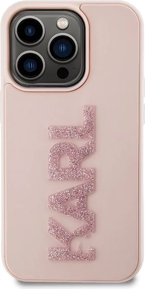 Mbështjellës Karl Lagerfeld 3D Rubber Glitter Logo për iPhone 15 Pro, rozë