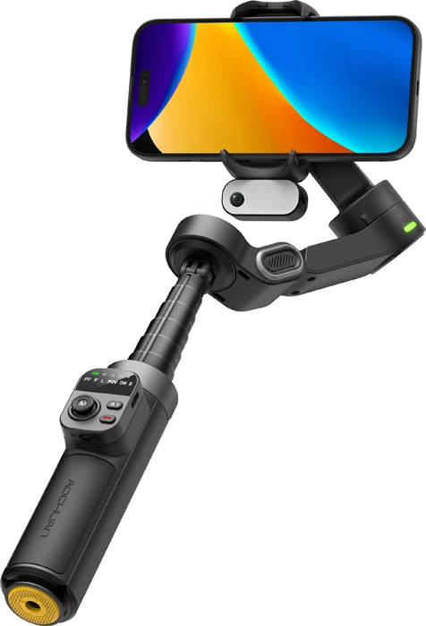 Gimbal stabilizator për celular AOCHUAN Smart X3, 3-aksësh, AI face tracking 360°, shkop zgjatues 51 cm, Bluetooth remote, e zezë, set
