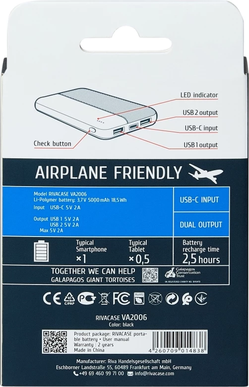 Powerbank RIVACASE VA2006 5000 mAh 10W 2x USB-A USB-C hyrje airplane friendly, e zezë