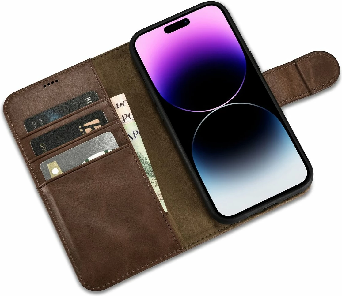 Mbështjellës iCarer Oil Wax Wallet 2in1 për iPhone 14 Pro, lëkurë natyrale, kafe