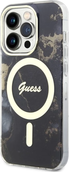 Mbështjellës Guess GUHMP14XHTMRSK për iPhone 14 Pro Max 6.7", Golden Marble, MagSafe, zi