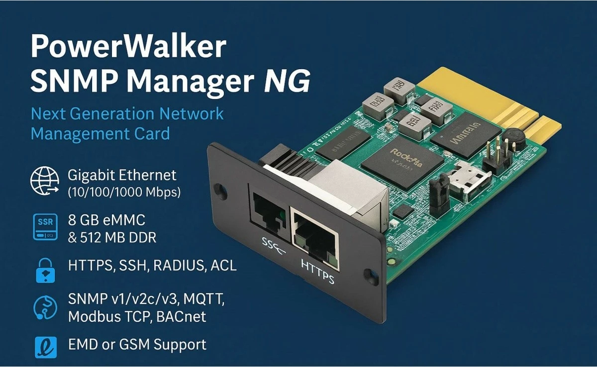 Kartë menaxhimi rrjeti SNMP, PowerWalker, 10131023, Gigabit Ethernet 10/100/1000, 8 GB eMMC + 512 MB RAM, për UPS VFI CG/CPG/CPH/C LCD/CRM/CRS/CW/RMG