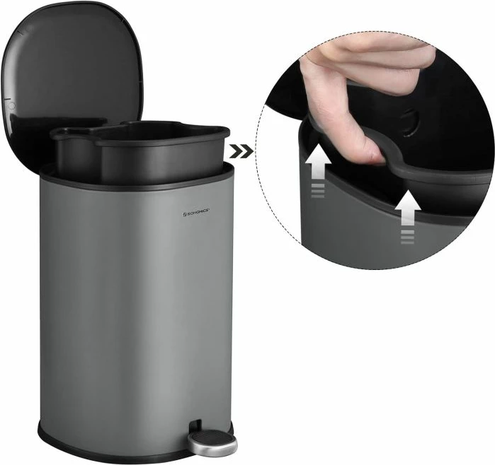 Kosh mbeturinash me pedal SONGMICS LTB14GS 5 L, çelik inox, me enë të brendshme, gri/zi