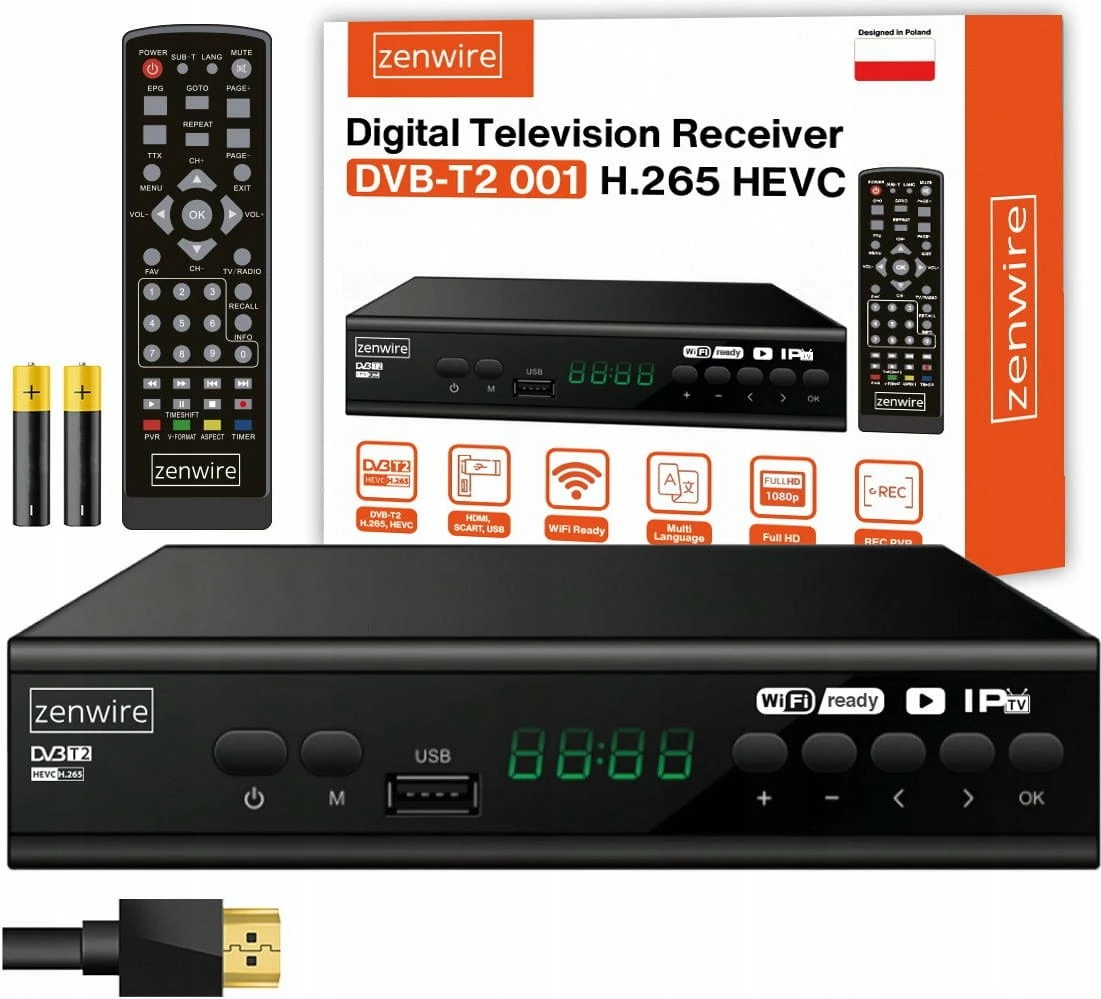Dekoder DVB-T2 Zenwire 001 H.265/HEVC Full HD, i zi, set me telekomandë