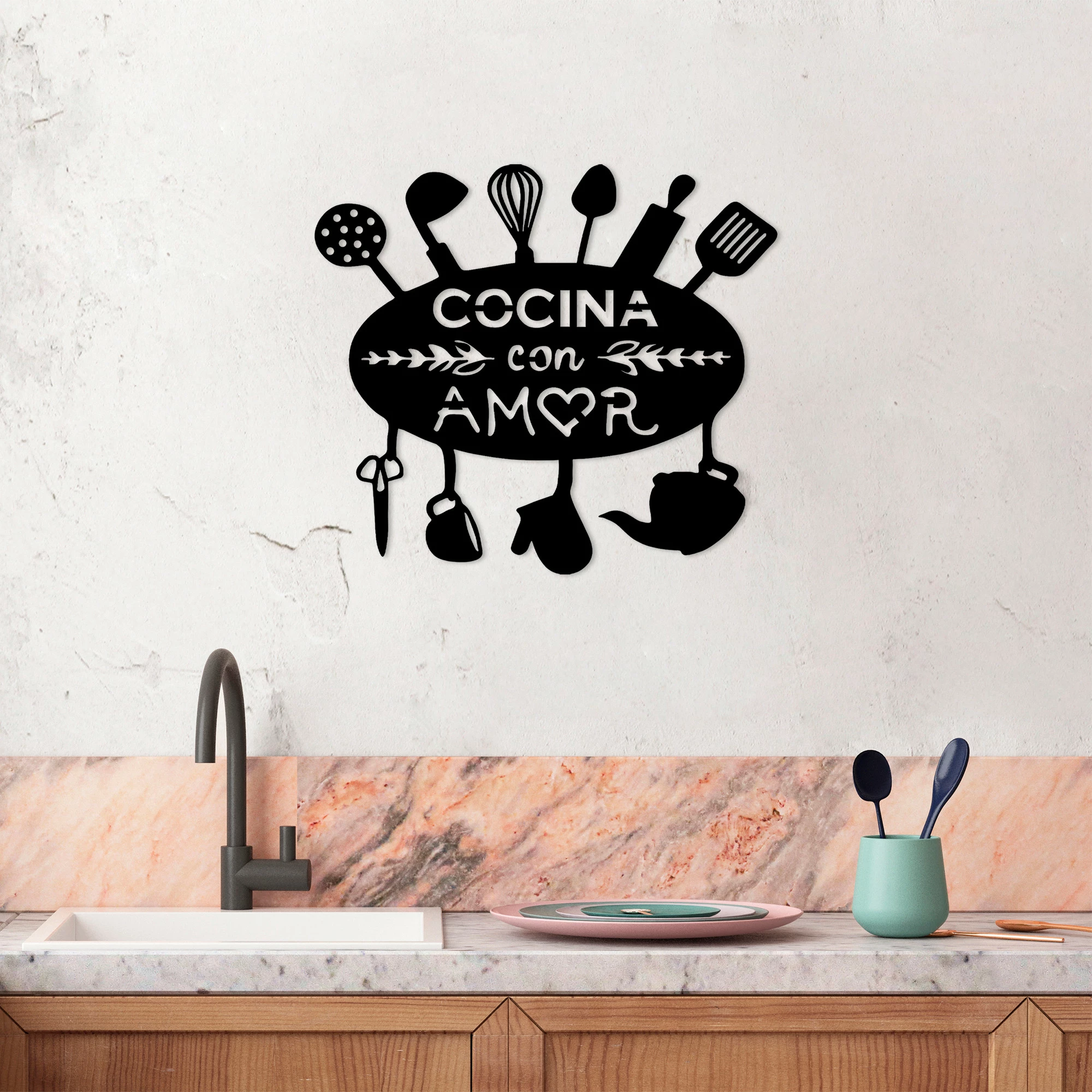 Aksesor dekorativ metalik për mur, Wallity, Cocina Con Amor, ngjyrë e zezë