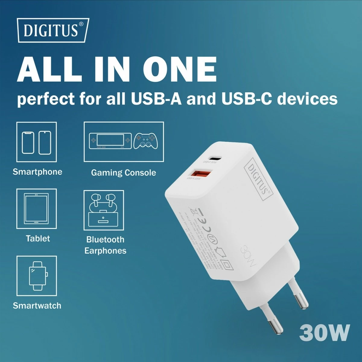 Karikues rrjeti Digitus DA-10301 GaN 30W, 1x USB-C, 1x USB-A, i bardhë