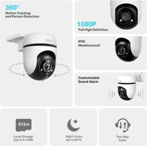 Kamerë sigurie TP-LINK Tapo C500, 1080p FHD, 360° Pan/Tilt, Wi‑Fi 2.4GHz, IP65, night vision 30m, microSD deri 512GB, bardhë/zezë
