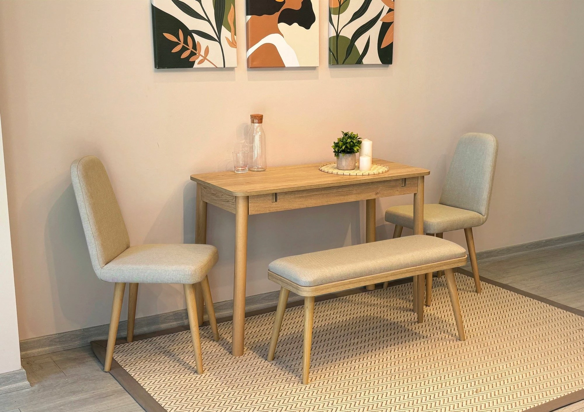 Set tavolinë me karrige për ngrënie, zgjatues, ngjyrë lis dhe krem, Skye Decor, Vina Mini 01 1005, 4 pjesë