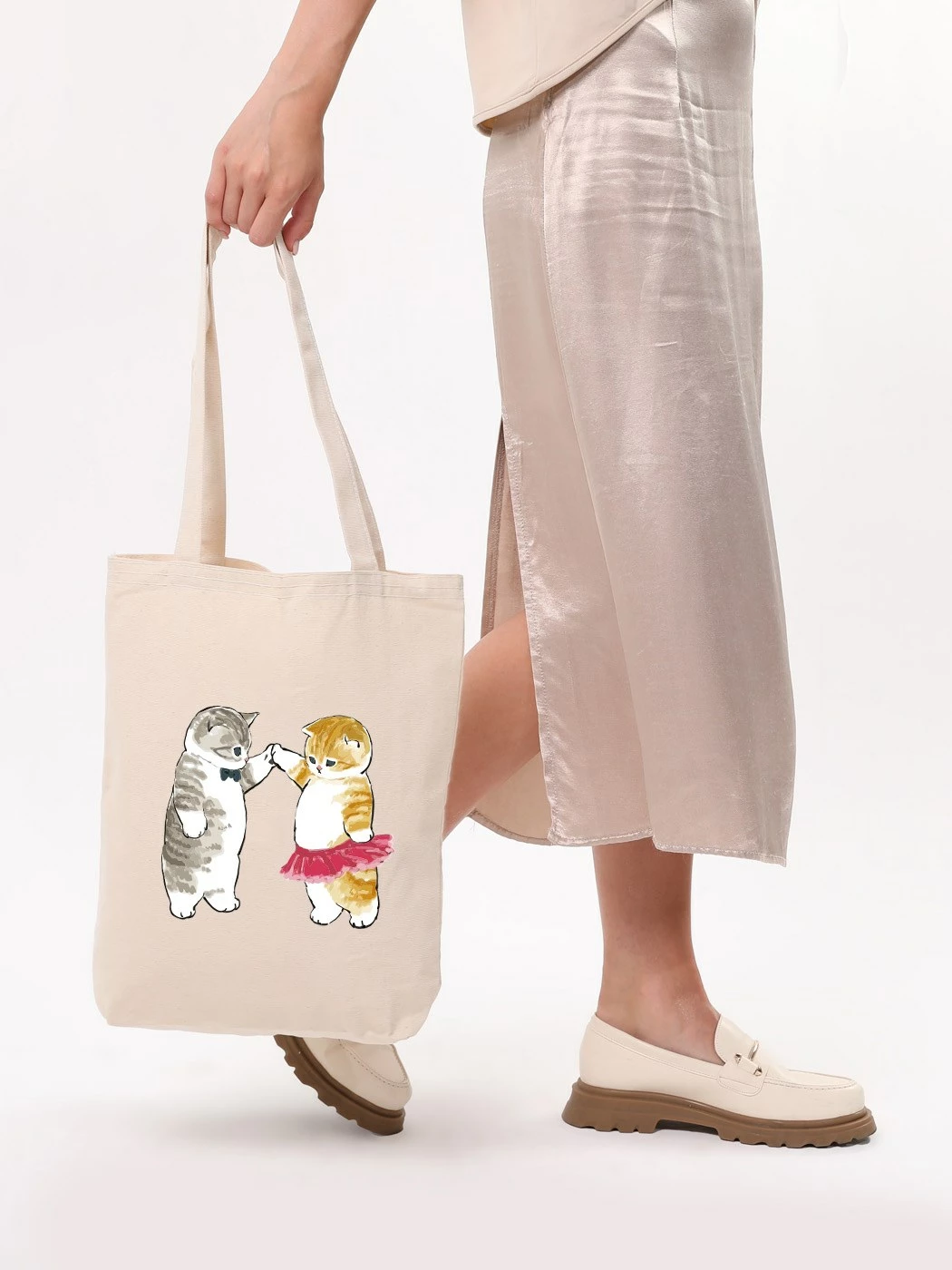 Torbë tote Zoozie Bags, krem, 35x40x8cm, me mace të vizatuara