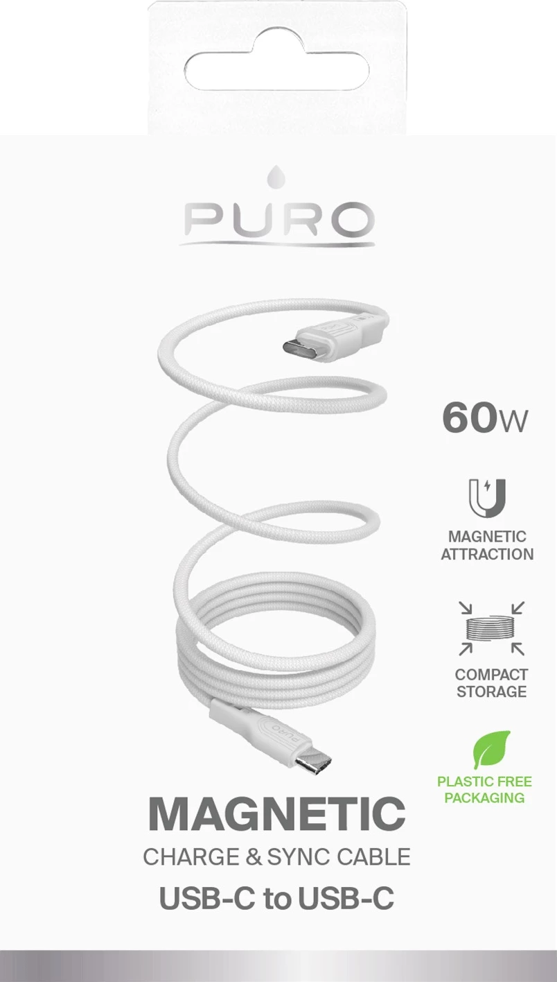 Kabllo magnetike USB-C në USB-C Puro Magnetic, 1m, 60W, USB 3.2, Bardhë