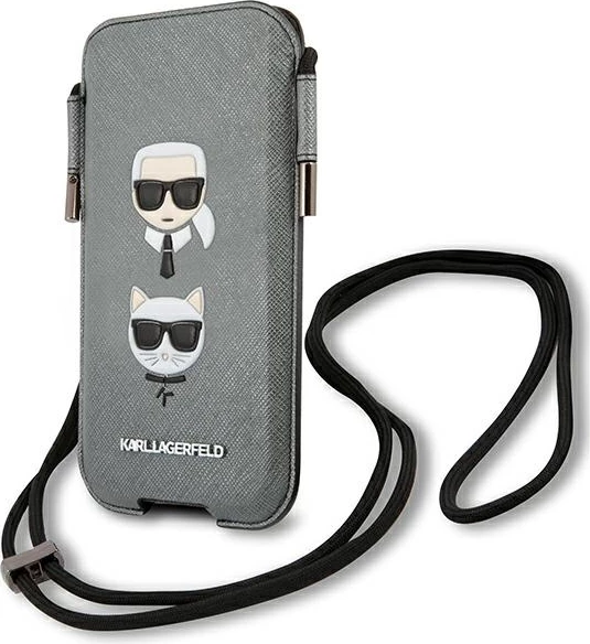 Mbështjellës telefoni Karl Lagerfeld Saffiano Ikonik Karl&Choupette Head, 6.7", Gri
