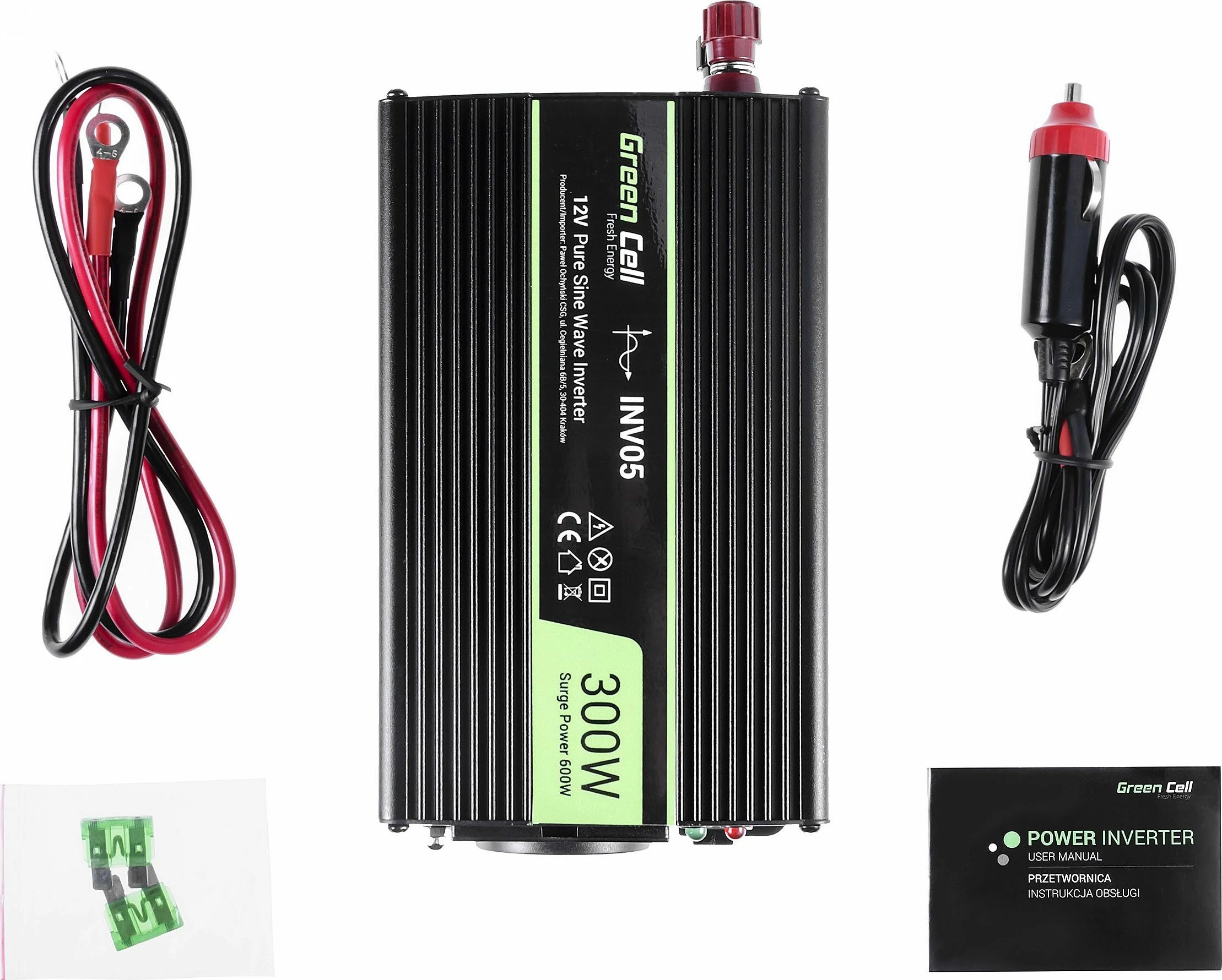 Inverter Green Cell INV05DE 12V/230V 300W sinusoide e pastër, i zi