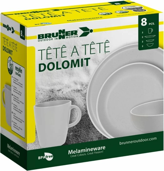 Set enësh kampingu BRUNNER Complete 8 Tête-à-Tête Dolomite, 8 copë/2 persona, melaminë Stone Touch, bardhë