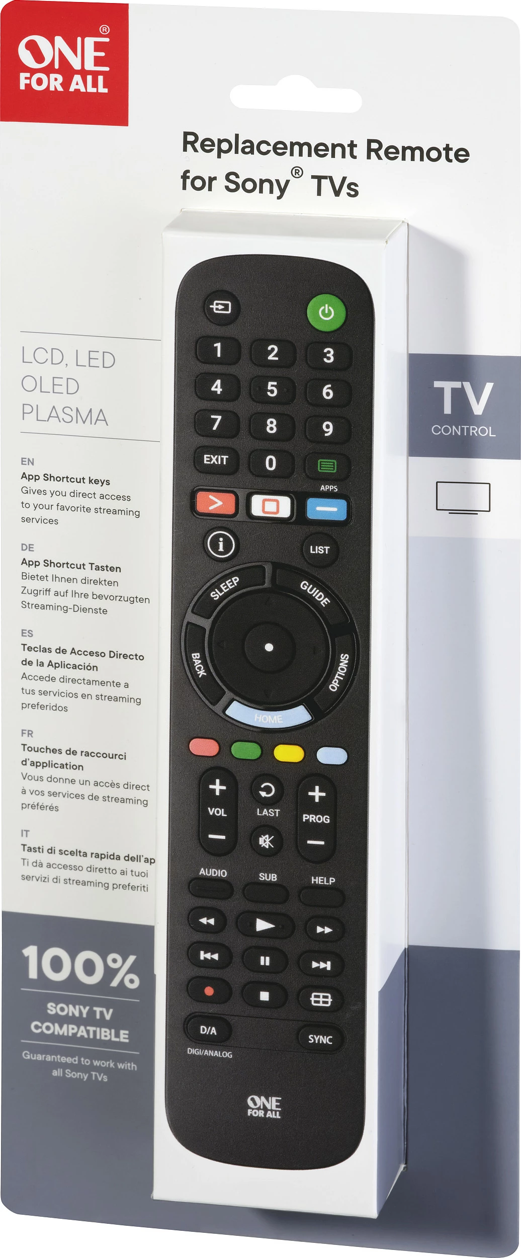 Telekomandë zëvendësuese One For All për TV Sony, IR, me butona, e zezë