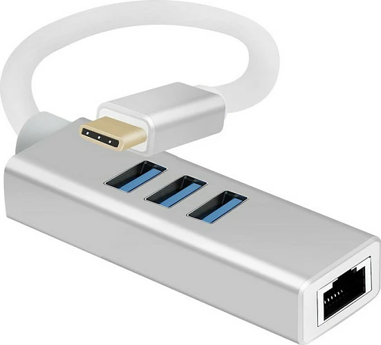 Hub USB-C Helos Premium, 3x USB-A 3.2 Gen 1 + RJ45 Gigabit, argjend