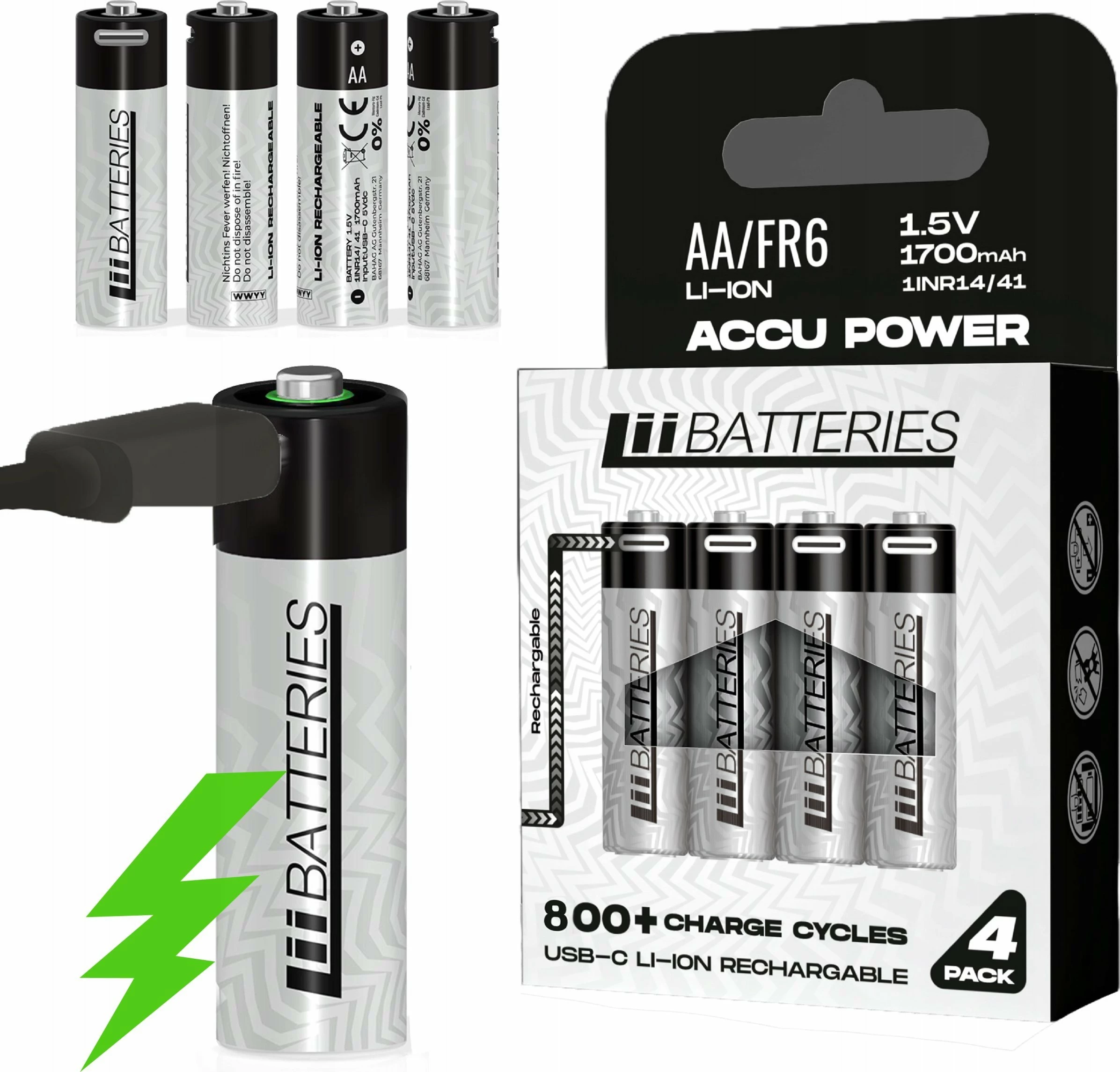 Bateri rikarikueshme Li-Ion AA/R6 LiiBatteries LIB667097 1.5V 1700mAh USB-C 4 copë