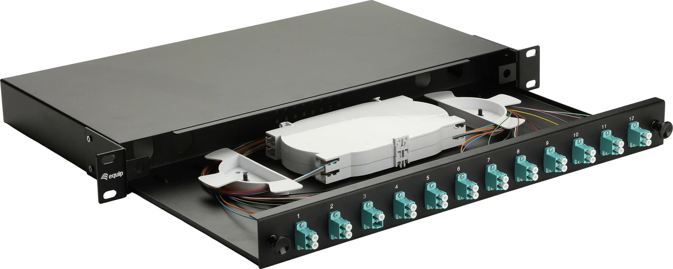 Kuti splice fibër optike Equip 337202, 12-port LC Duplex OM3, 1U rack, e zezë