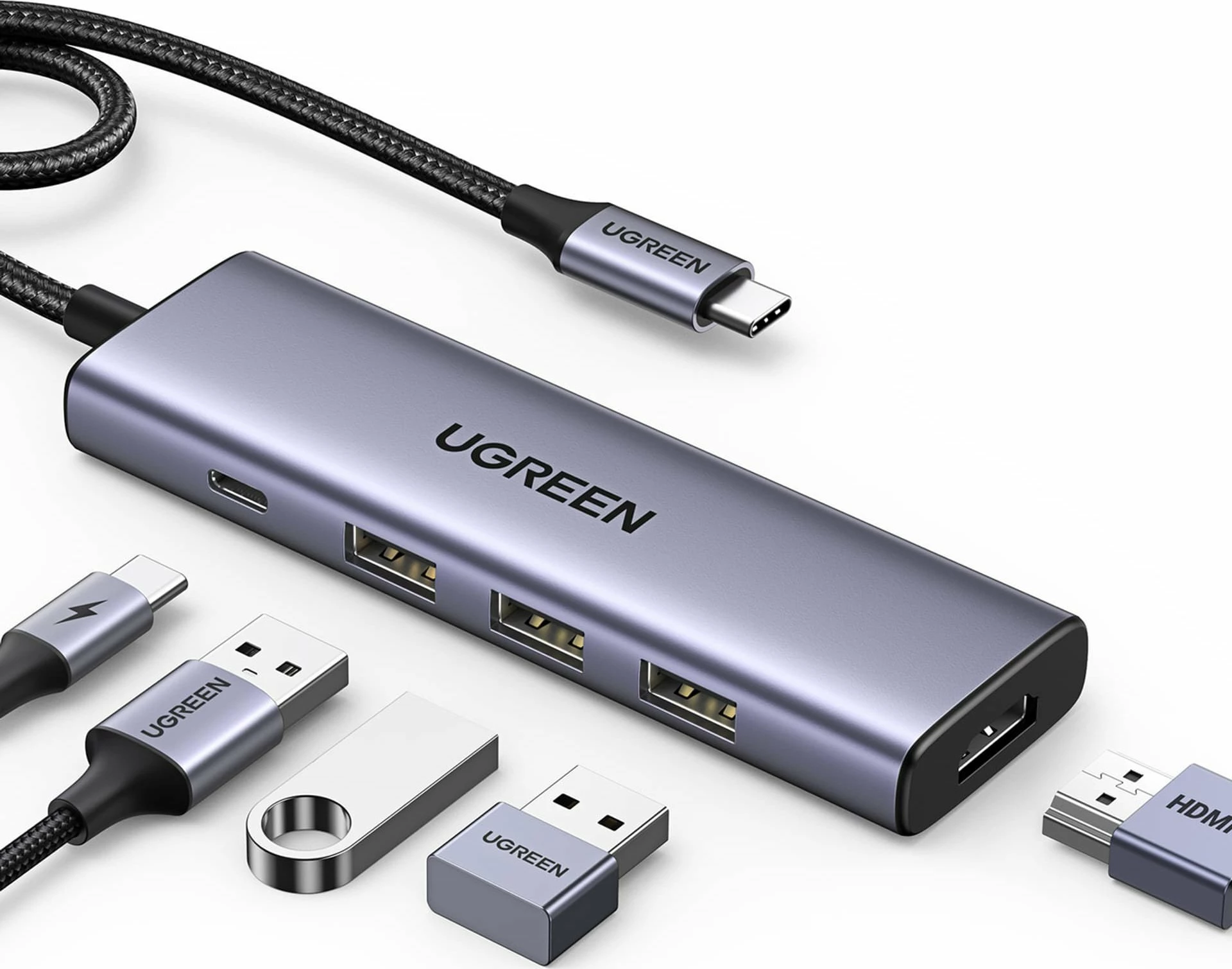 USB hub Ugreen CM511 (UGR1678) 5-në-1, USB-C në HDMI 4K@30Hz + 3x USB-A 3.2 Gen1 5Gbps + USB-C PD 100W, argjendtë