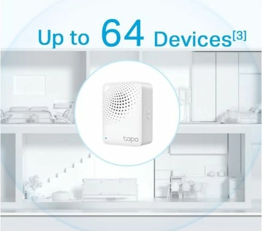 Smart hub TP-LINK Tapo H100, Wi‑Fi 2.4GHz, deri 64 pajisje, 868/922MHz, i bardhë, me Smart Button