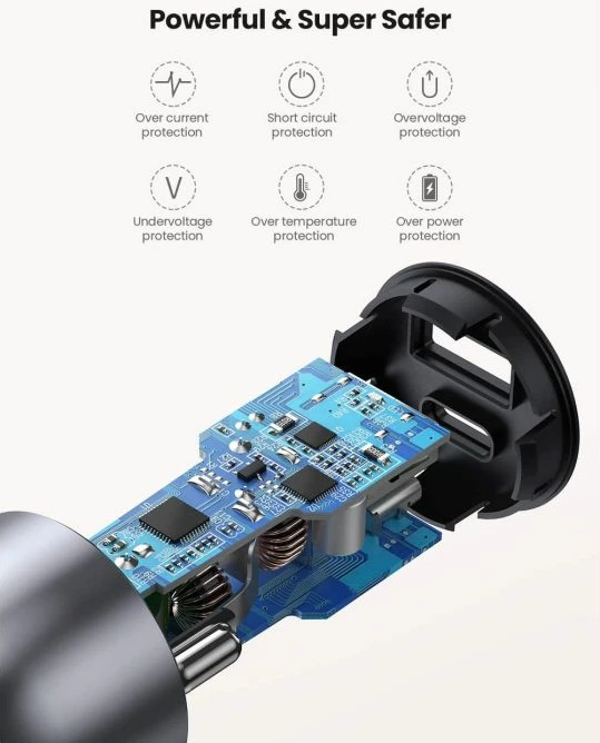 Karikues për veturë UGREEN 60980, USB-A + USB-C PD 36W, QC 3.0, gri, me kuti