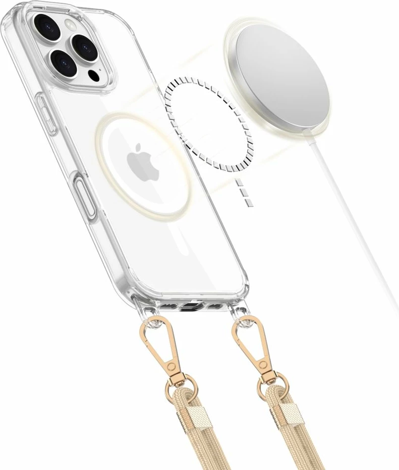 Mbështjellës Tech-Protect FlexAir Chain MagSafe për iPhone 16 Pro Max, Transparent + 2 rripa (zi dhe bezhë)