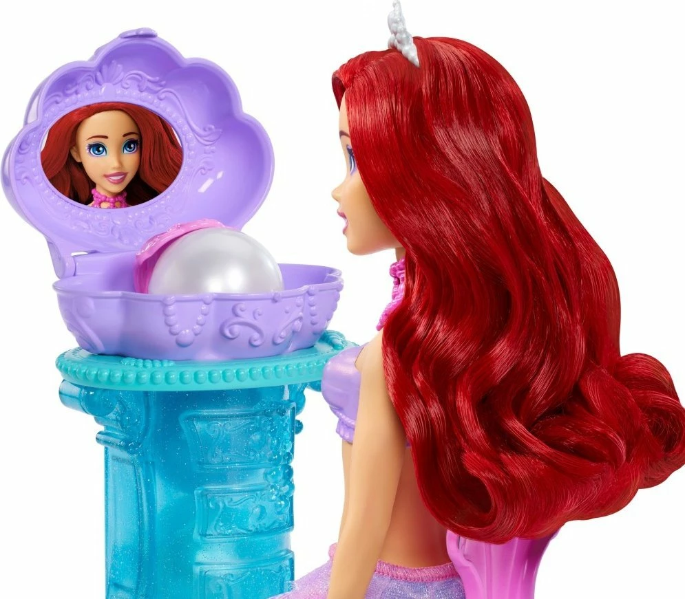 Set kukull Disney Princess Ariel me tavolinë grimi Pearl, Mattel JBF86, 28 cm, 5 surpriza