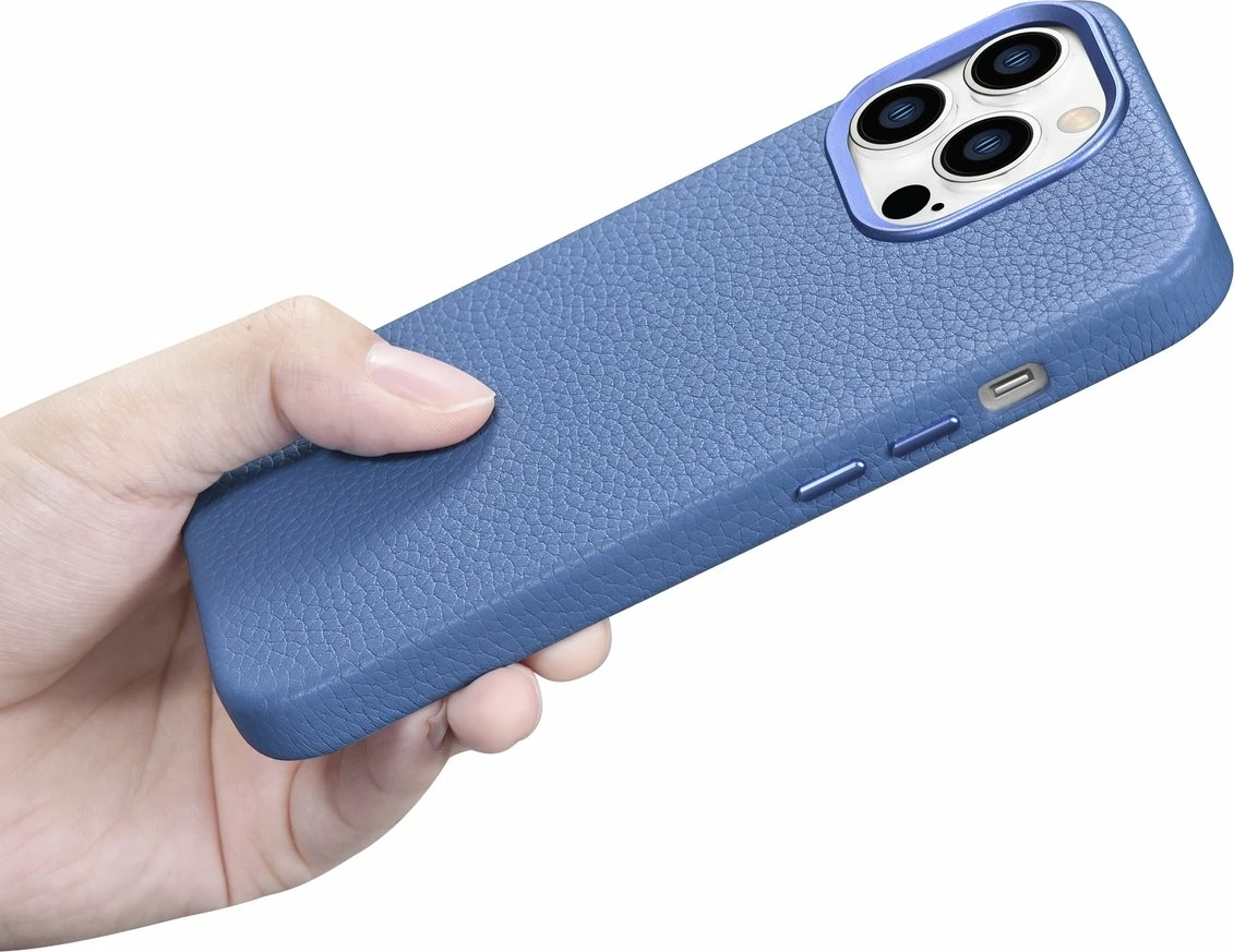 Mbështjellës iCarer Litchi Premium për iPhone 14 Pro Max, MagSafe, lëkurë, kaltër