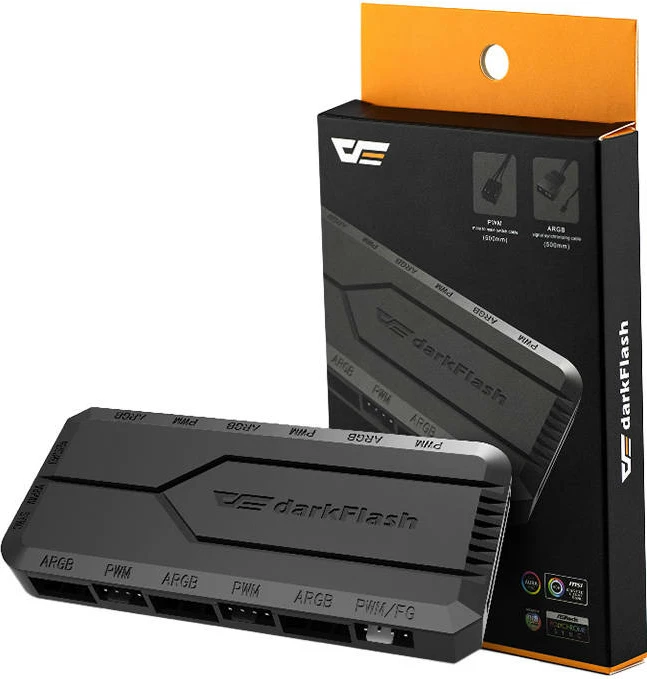 Kontroller PWM/ARGB për ventilatorë PC, Darkflash RC2, 6x ARGB 5V 3-pin, 5x PWM, sinkronizim me pllaka amë, i zi