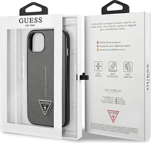 Mbështjellës Guess SaffianoTriangle Logo për iPhone 14 6.1", argjendtë