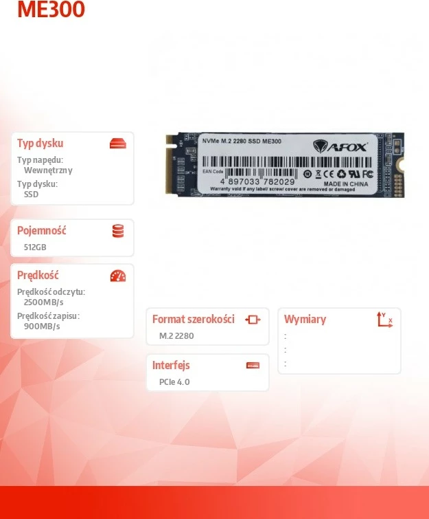 SSD NVMe, AFOX ME300-512GN 512GB M.2 2280 PCIe 4.0 x4 deri 2.5 GB/s, e zezë