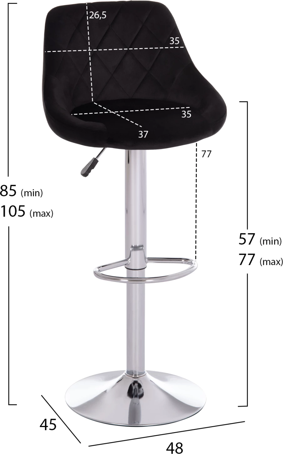 Karrige për bar ROSE, set prej 2 copësh, bazë e kromuar, sustë, kadife e zezë, 48x45x105cm