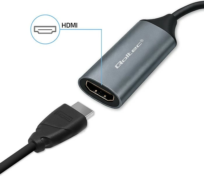 Adapter video Qoltec 53789 USB-C/USB-A në HDMI 4K 30Hz 0.1 m trup alumini, e zezë, gri