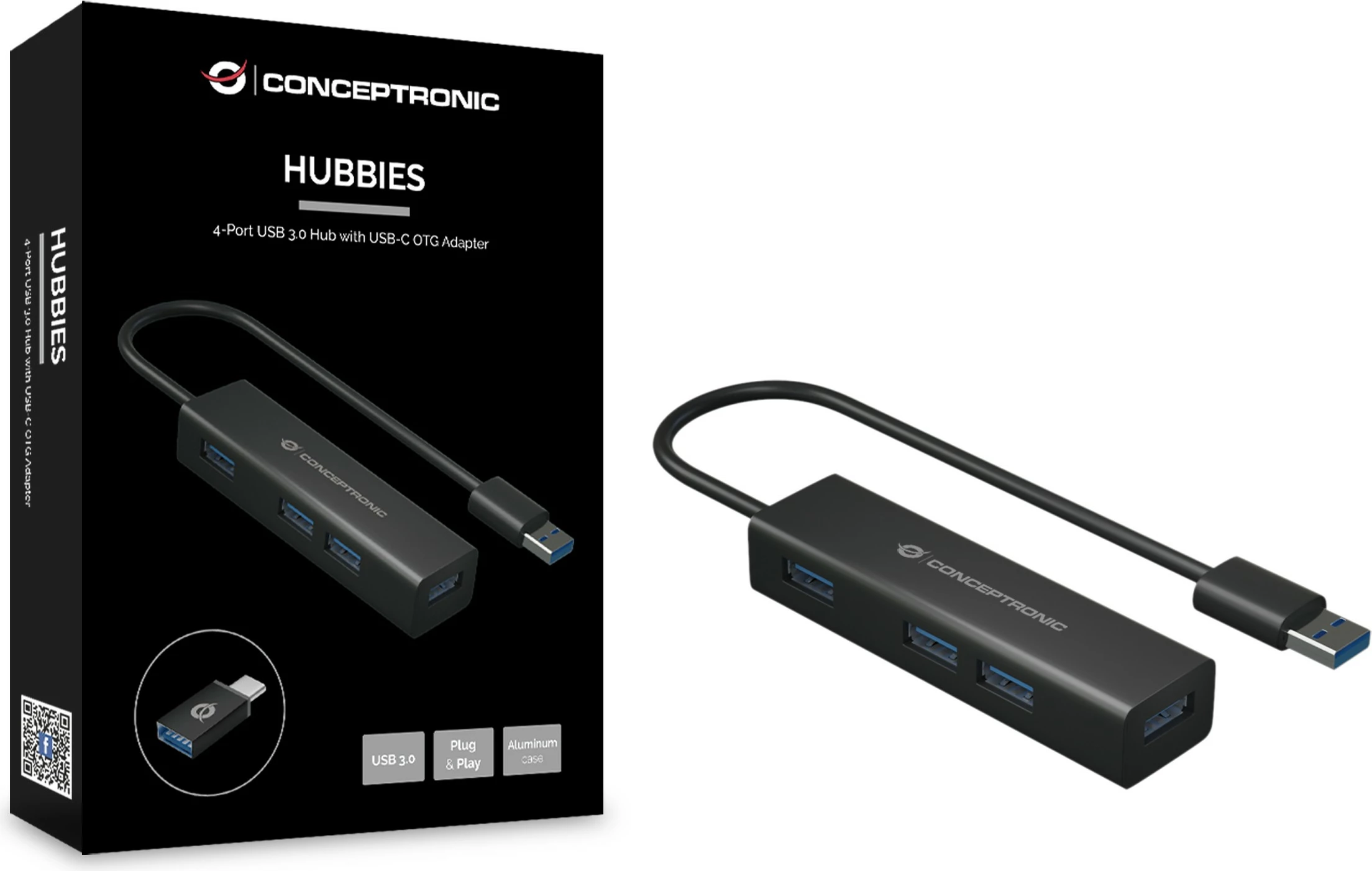 USB hub Conceptronic 4 porta, USB-A 3.0/C, i zi