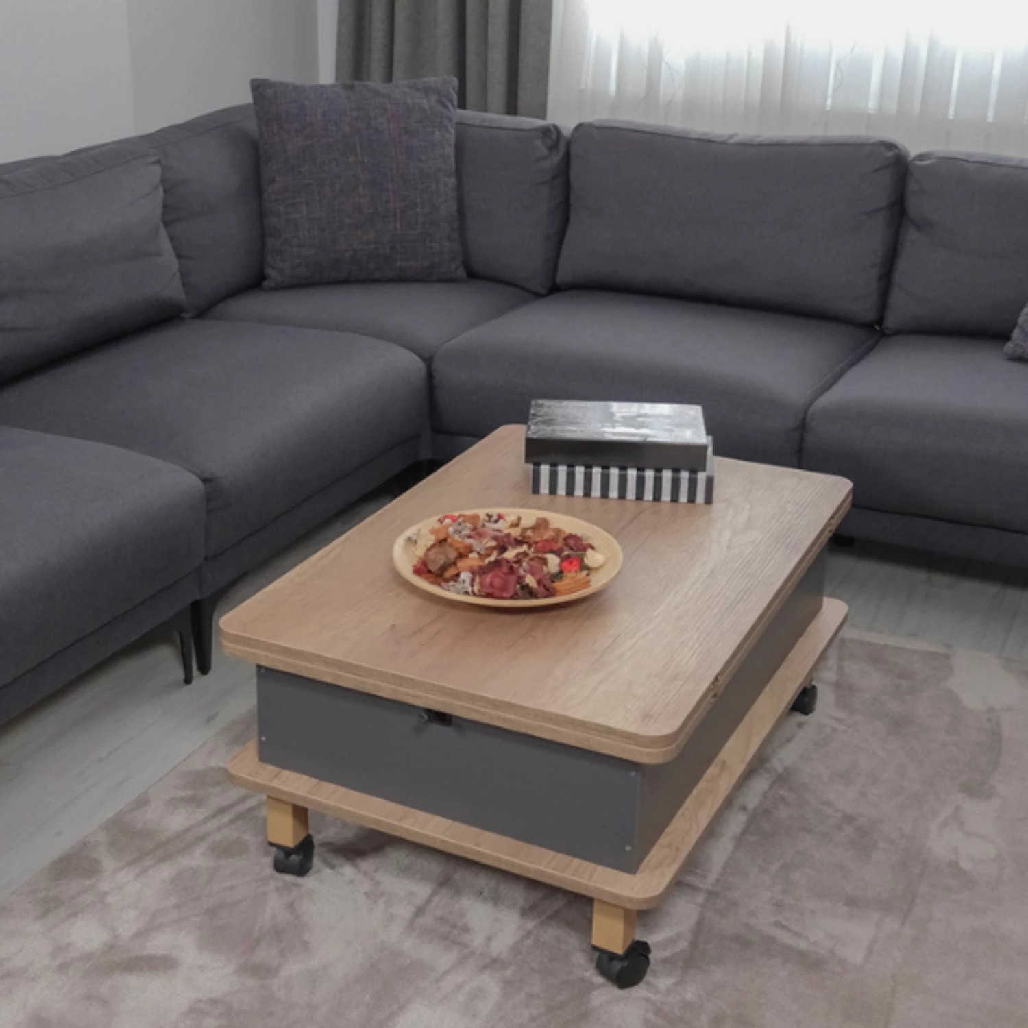 Tavolinë kafeje Skye Decor, Alaska dhe antracit, me rrota, e rregullueshme