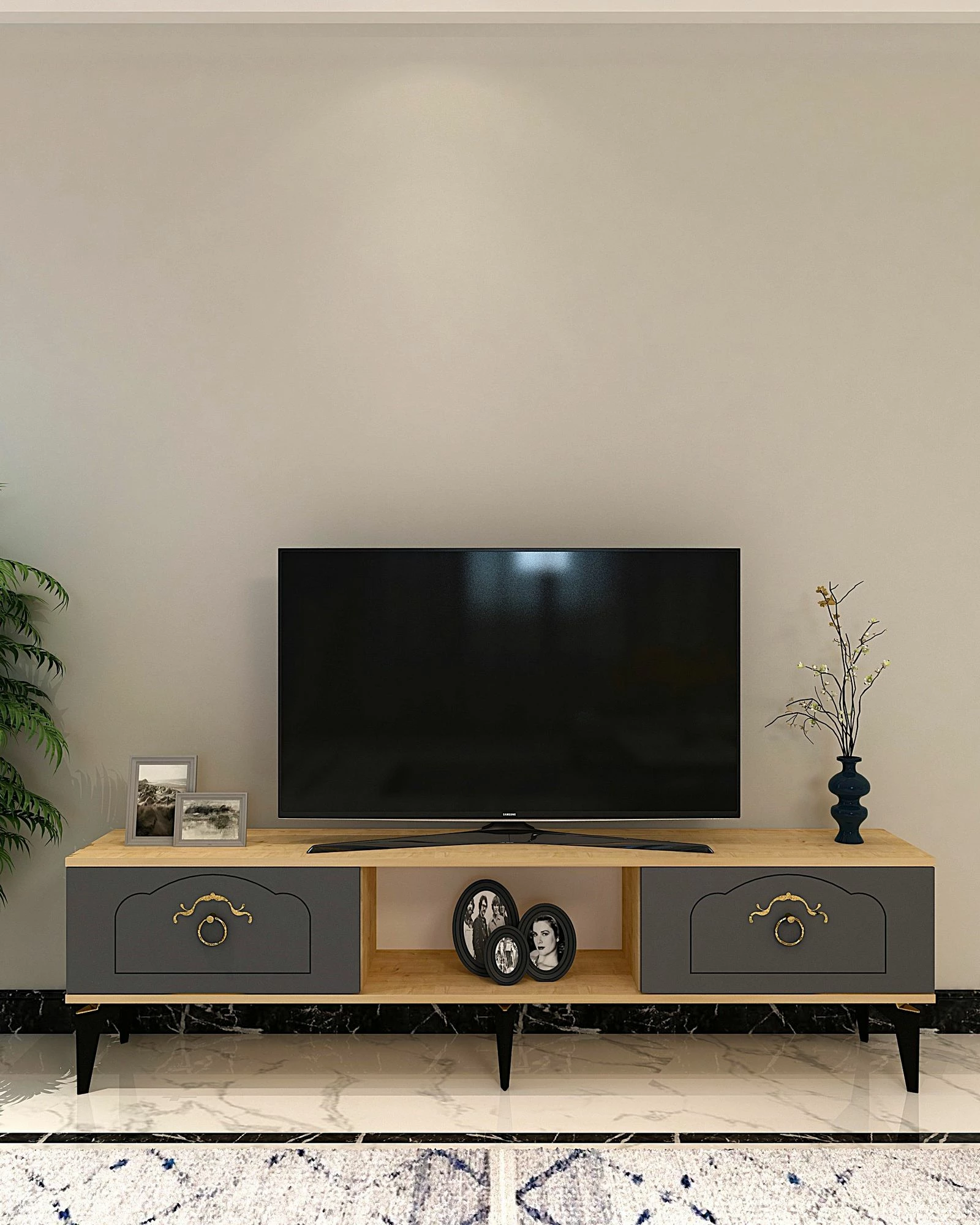 Komodë TV Skye Decor, ngjyrë lis safir dhe antracit