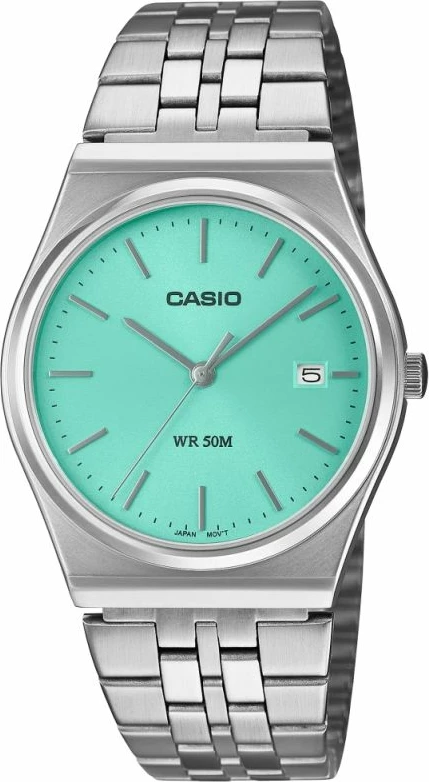Orë dore për meshkuj CASIO, e argjendtë me fushë të gjelbër