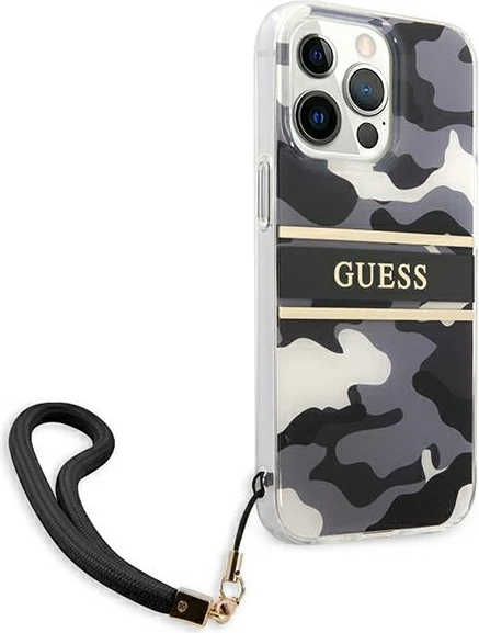 Mbështjellës Guess GUHCP13XKCABBK për iPhone 13 Pro Max 6.7", Camo, i zi, me varëse
