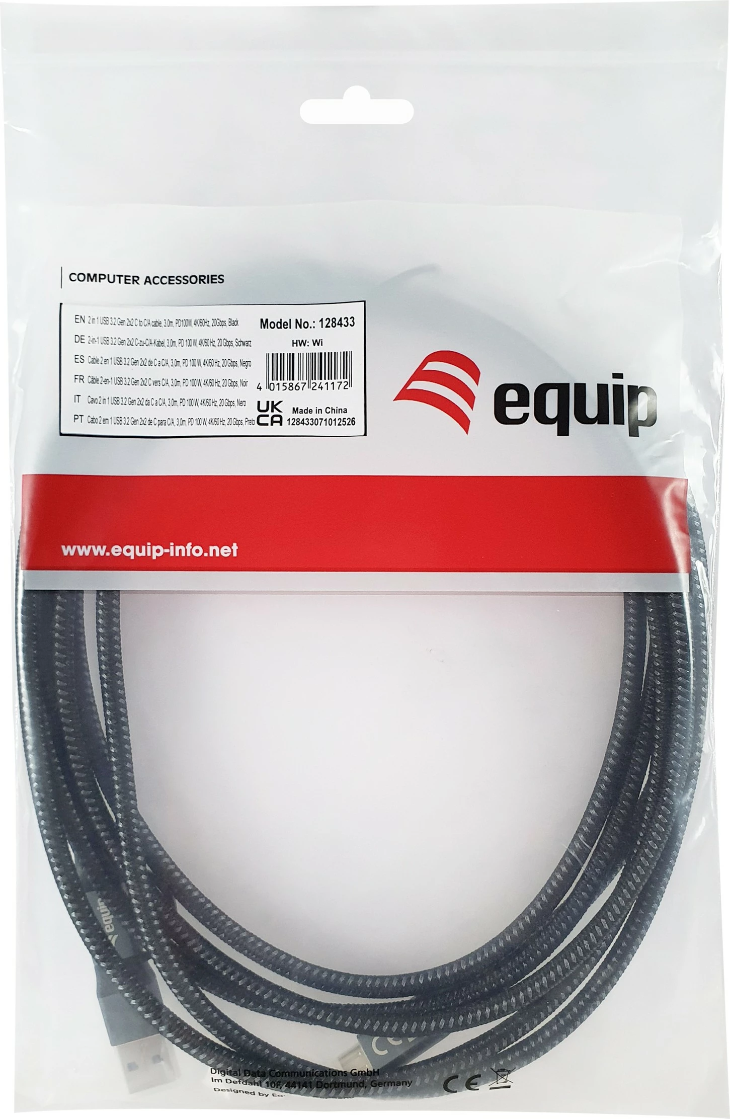 Kabllo USB-C 3.2 Equip 3m, 20Gbps, e zezë