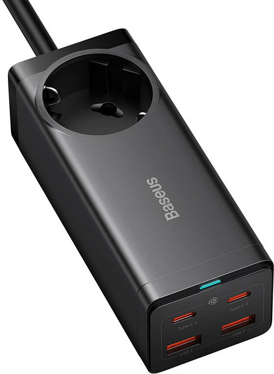 Kasë karikues Baseus GaN3 Pro, 100W, 2x USB-C + 2x USB, prizë AC, e zezë