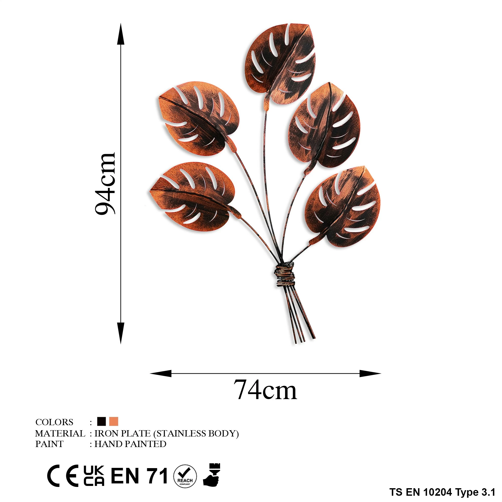 Aksesor dekorativ metalik për mur, Monstera 2, ngjyrë bakri, Wallity