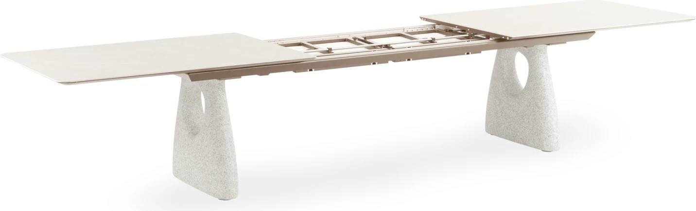 Tavolinë ngrënie e zgjatshme GOFFEN, alumin ngjyrë fildishi, sipërfaqe prej guri të sinterizuar, 280-400x100x76.5cm