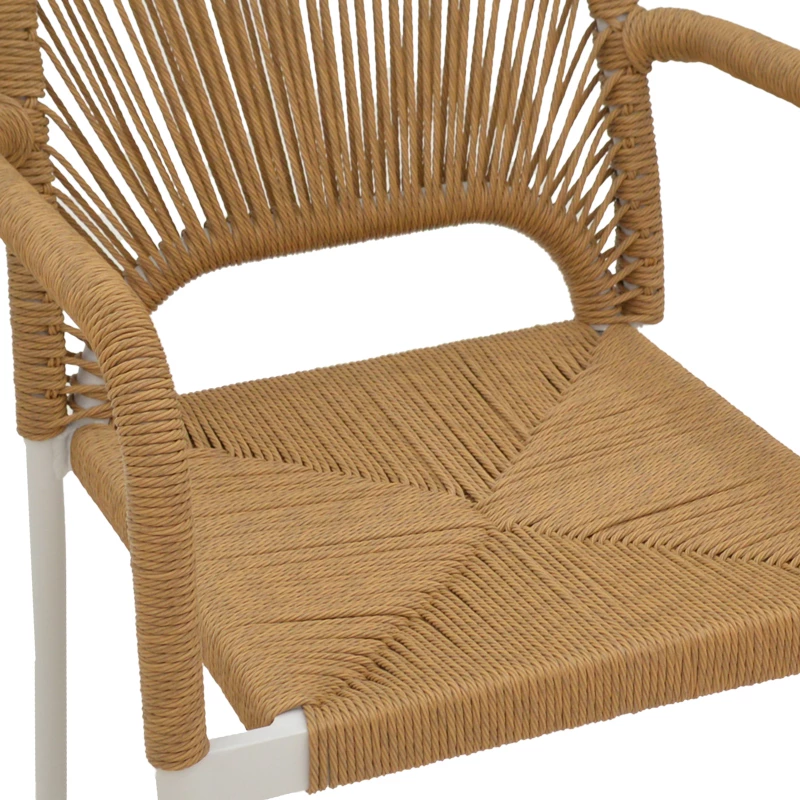 Karrige alumini e grumbullueshme, kornizë e bardhë, ratani natyral, 57x61x85 cm