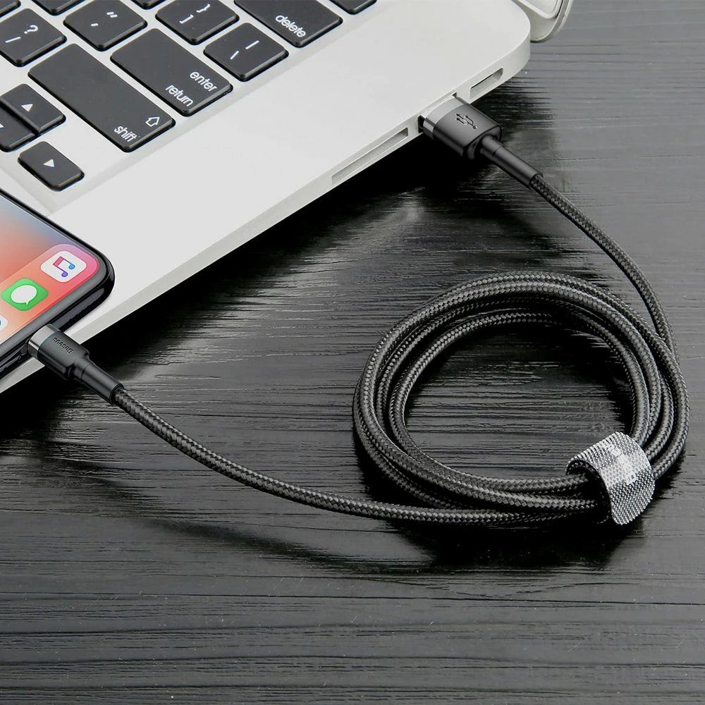Kabllo Baseus Cafule CALKLF-AG1, USB-A në Lightning, 0.5m, 2.4A, QC 3.0, e zezë-gri
