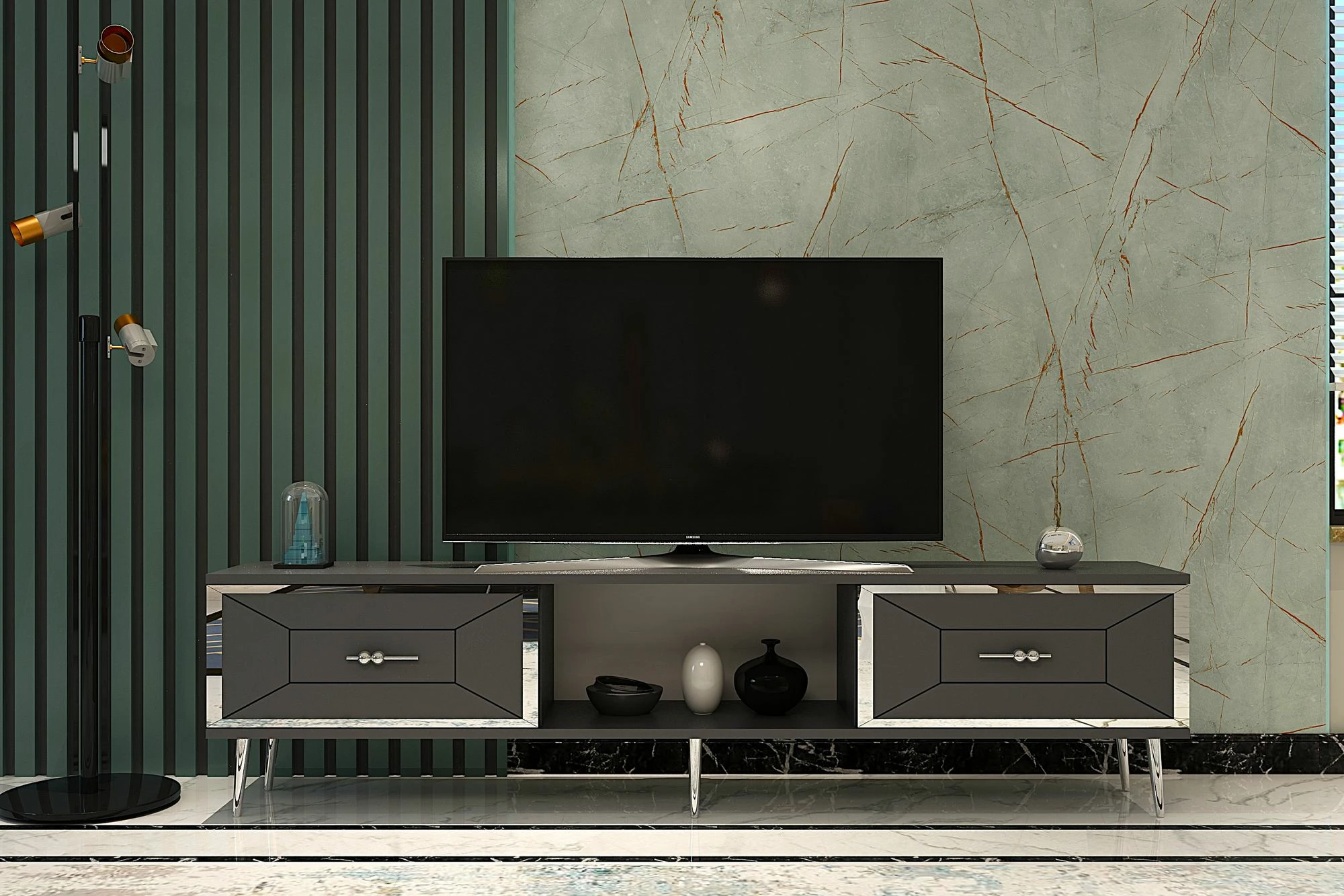 Komodë TV Skye Decor, ngjyrë antracit dhe argjendi, Arno
