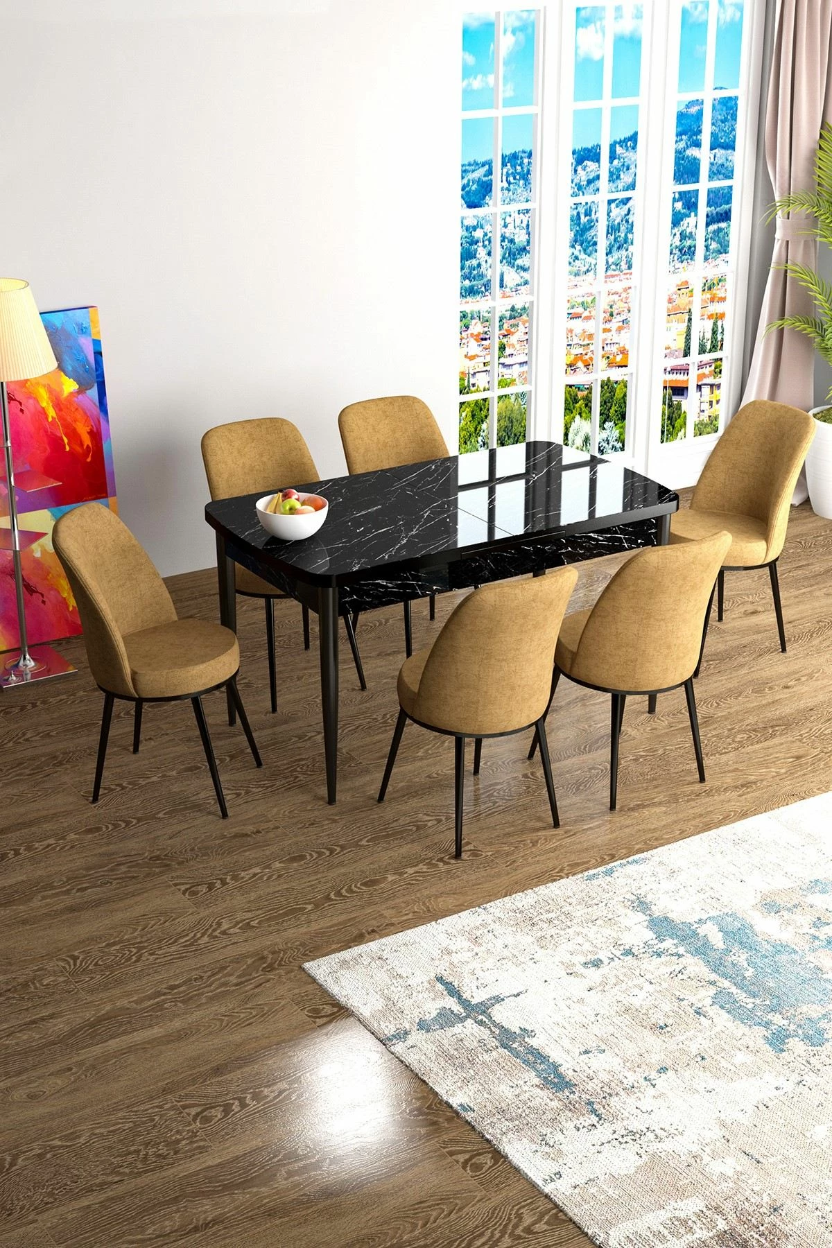 Set tavoline me karrige për ngrënie, i zgjatshëm, Skye Decor, mermer i zi, kapuçino, 7 copë