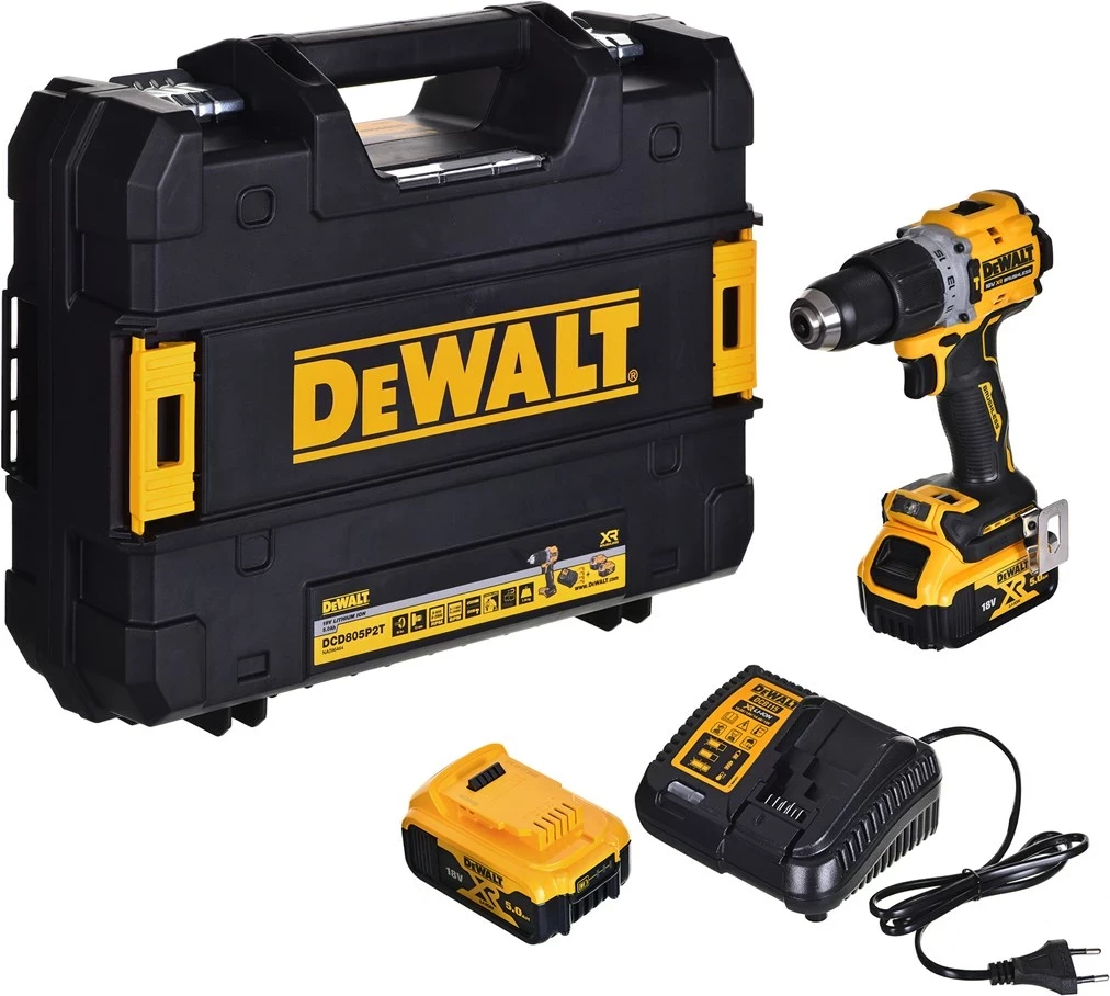 Drill/driver DeWalt DCD805P2T, 18V, 2x5.0Ah, me valixhe TSTAK, Verdhë