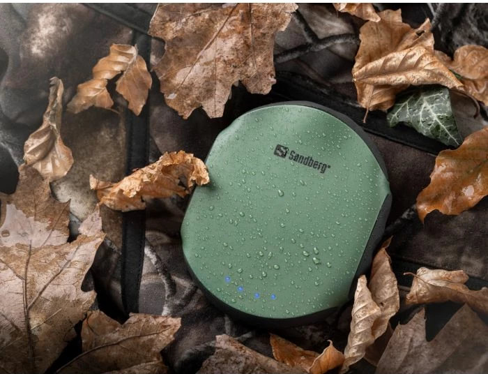 Powerbank Sandberg Survivor 420-60 10000 mAh (37 Wh) IPX6 me dritë LED dhe busullë, e gjelbër/zezë, me kabllo microUSB 30 cm + karabinë
